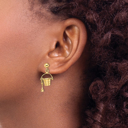 14k Yellow Gold 3-D Beach Bucket w/ Shovel Dangle Earrings