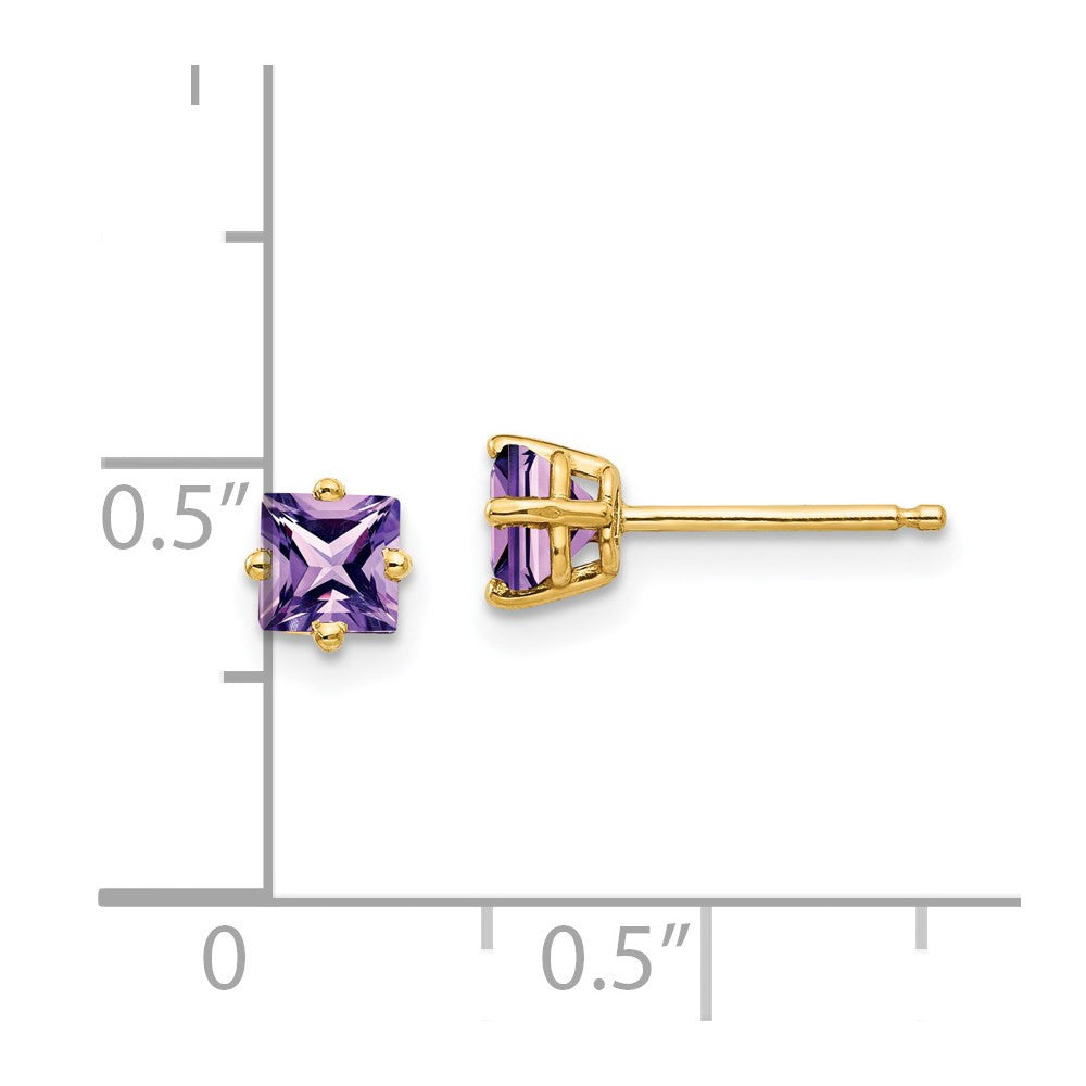 14k Yellow Gold 4mm Princess Cut Amethyst Stud Earrings