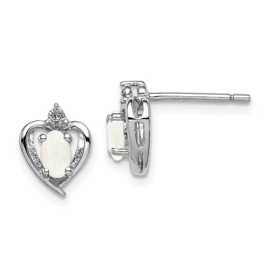 Sterling Silver Rhodium-plated Created Opal & Diam. Button Stud Earrings