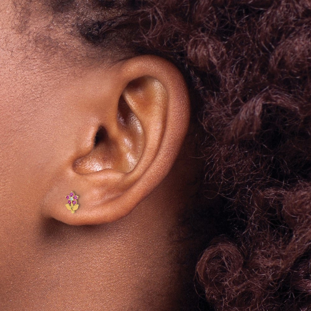 14k Yellow Gold Polished Dark Pink & White CZ Flower Stud Earrings