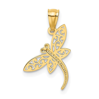 14k Yellow Gold Satin Diamond-cut Dragonfly Pendant