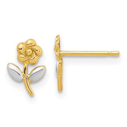 14k Yellow Gold and Rhodium Flower Button Stud Earrings