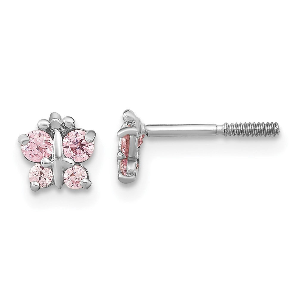 14k White Gold Polished Pink CZ Butterfly Button Stud Earrings