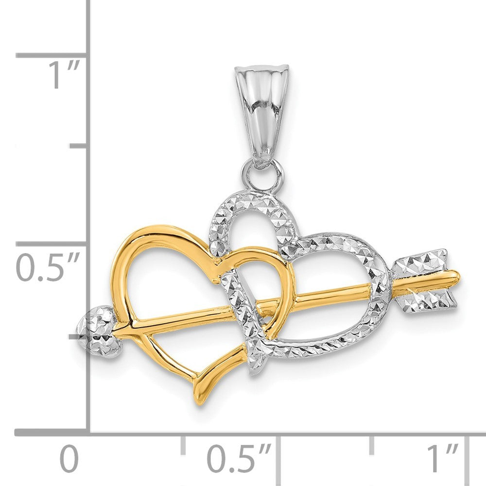 14k Yellow Gold with White Rhodium Diamond-cut Hearts and Arrow Pendant