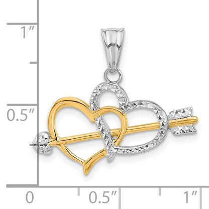 14k Yellow Gold with White Rhodium Diamond-cut Hearts and Arrow Pendant