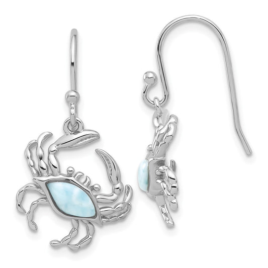 Sterling Silver Rhodium Polished Larimar Crab Shepherd Hook Dangle Earrings