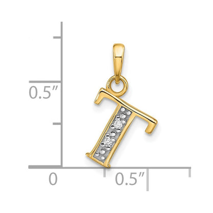 14k Yellow Gold with Rhodium Diamond Letter T Initial Pendant