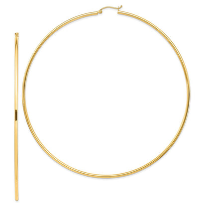 14k Yellow Gold Polished 2x100mm Lightweight Round Tube Hoop Earrings
