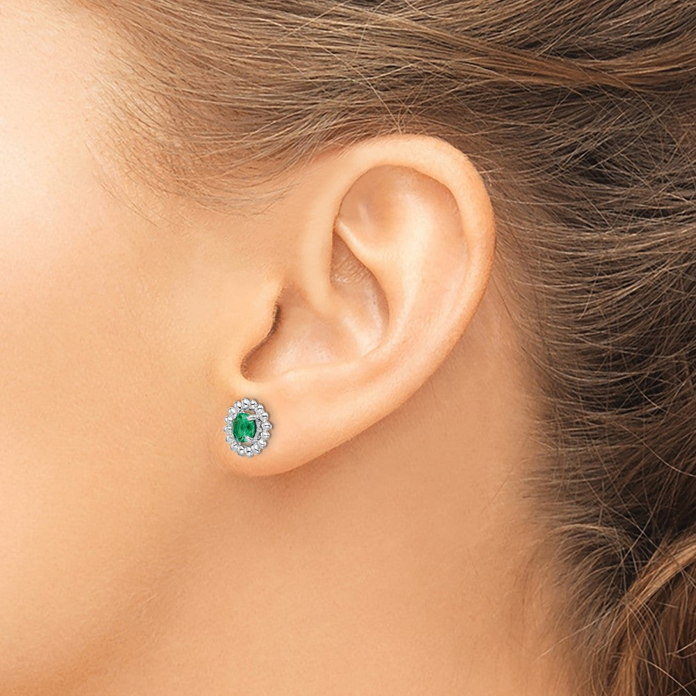 Sterling Silver Rhod-plat Created Emerald Button Stud Earrings
