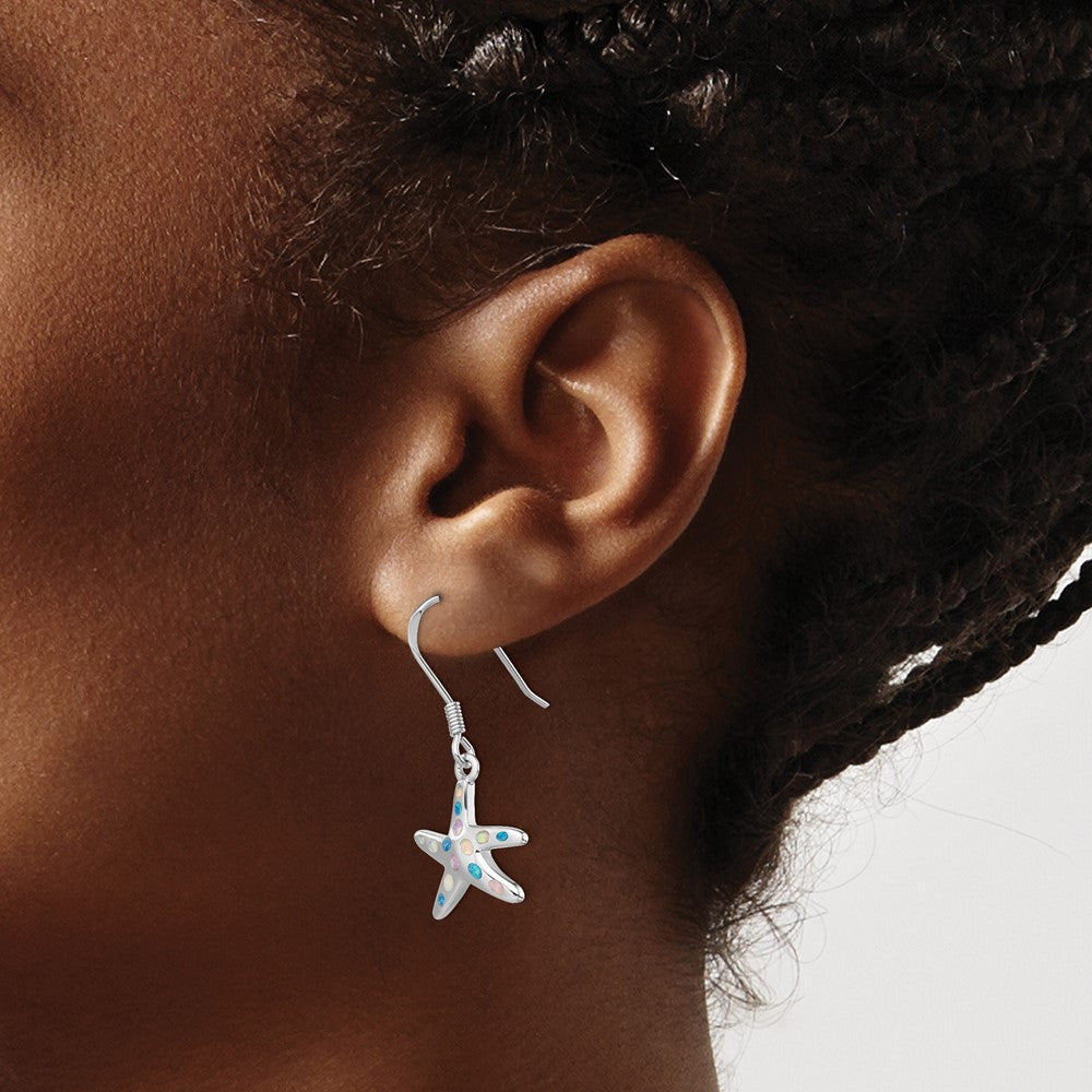 Sterling Silver Rhodium-plated Pink/Blue Created Opal Starfish Dangle Earrings