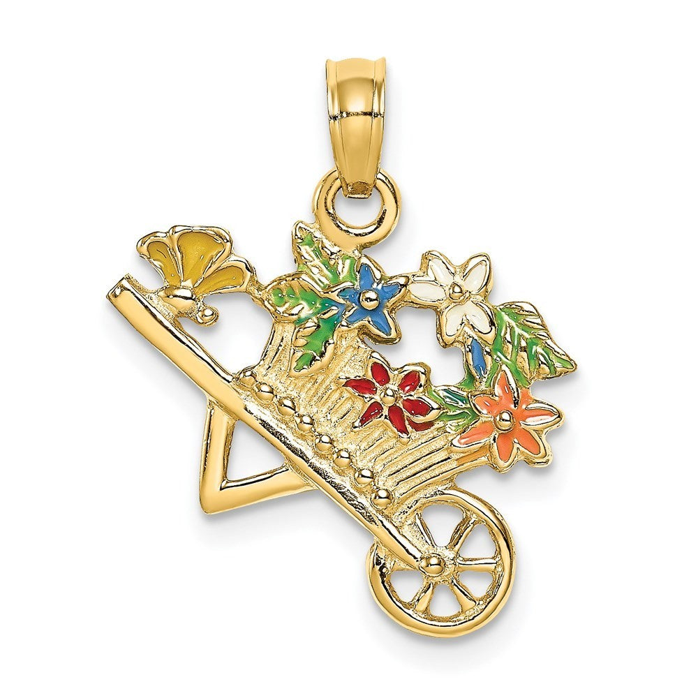 14k Yellow Gold 3-D Multi-color Enamel flower Cart Charm Pendant