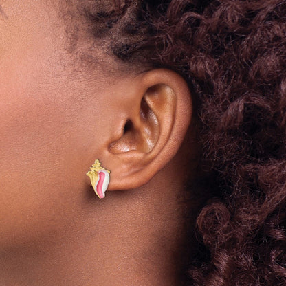 14k Yellow Gold White and Pink Enamel Conch Shell Stud Earrings