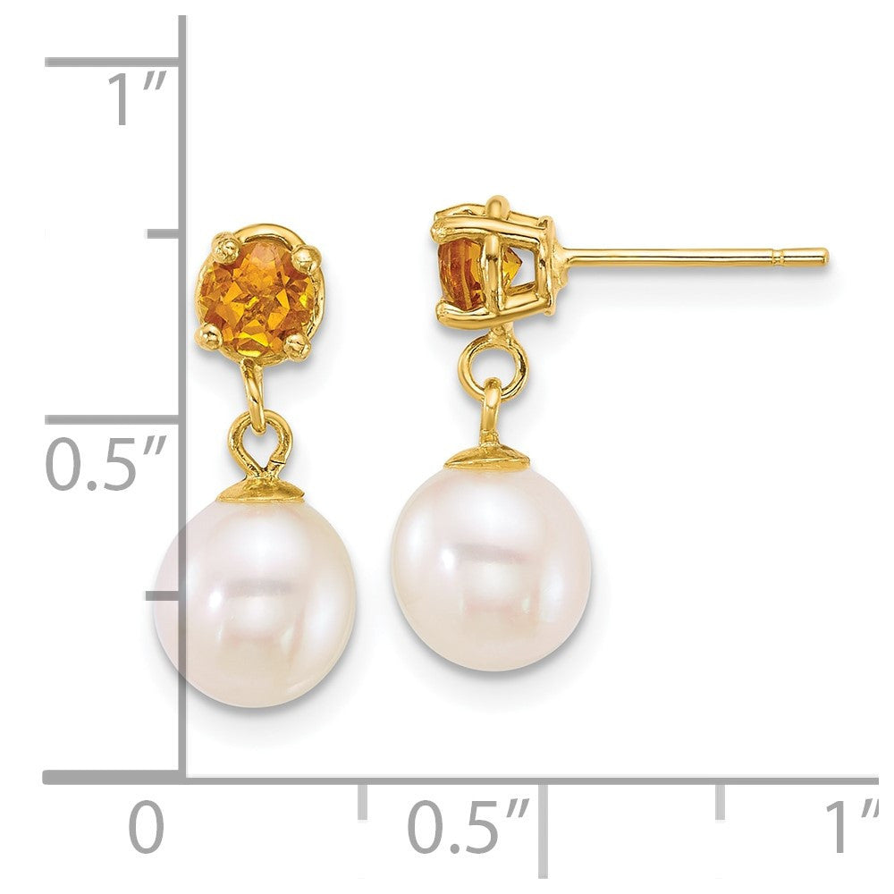 14k Yellow Gold 7-8mm Freshwater Cultured Pearl & Citrine Dangle Earrings