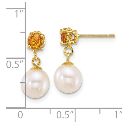 14k Yellow Gold 7-8mm Freshwater Cultured Pearl & Citrine Dangle Earrings