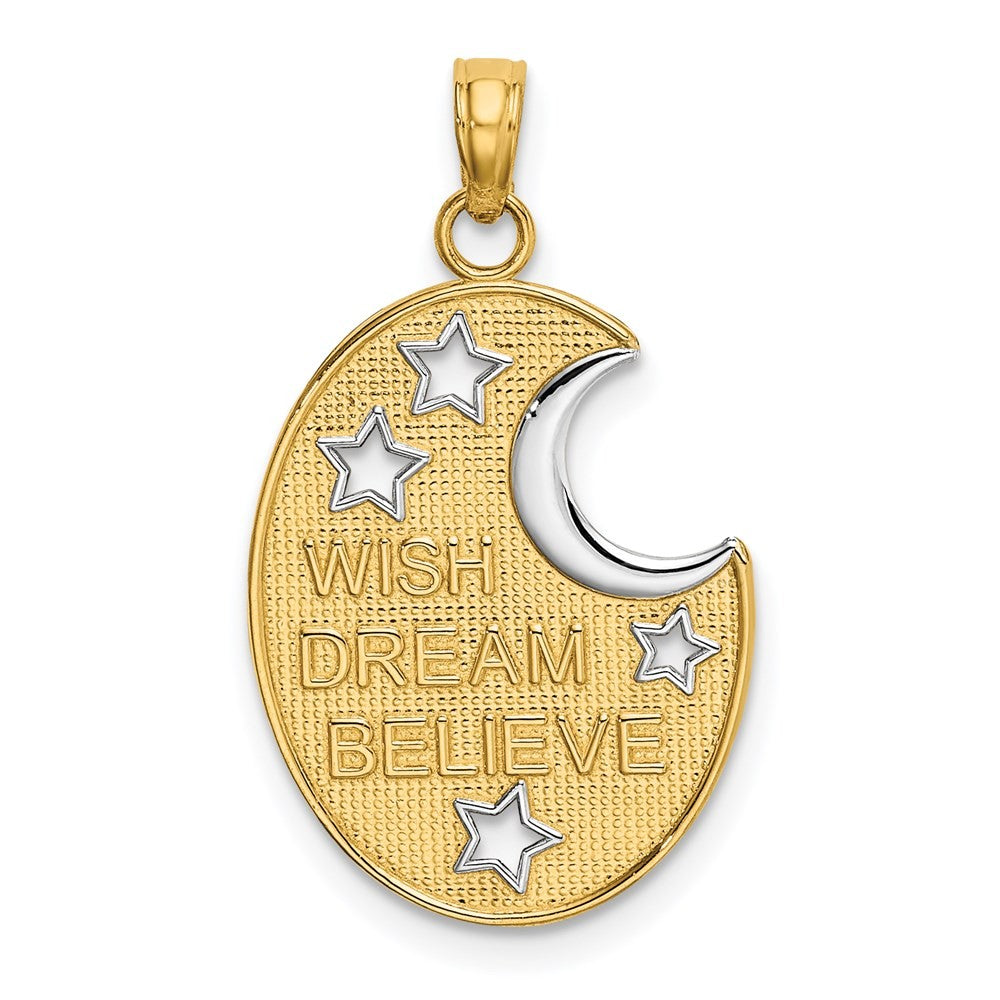 14k Yellow Gold Rhodium WISH DREAM BELIEVE Moon and Stars Charm Pendant