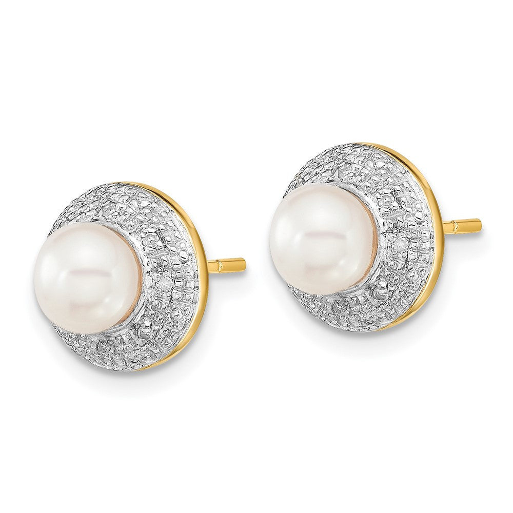 14k Yellow Gold and Rhodium 5-6mm Button FWC Pearl .05ct Diamond Stud Earrings