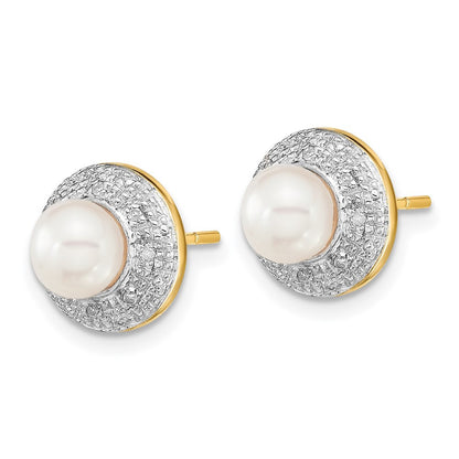14k Yellow Gold and Rhodium 5-6mm Button FWC Pearl .05ct Diamond Stud Earrings