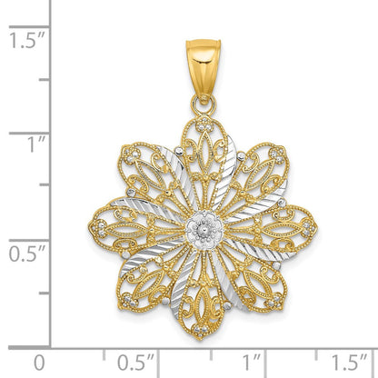 14k Yellow Gold Rhodium Diamond-Cut Flower Charm Pendant