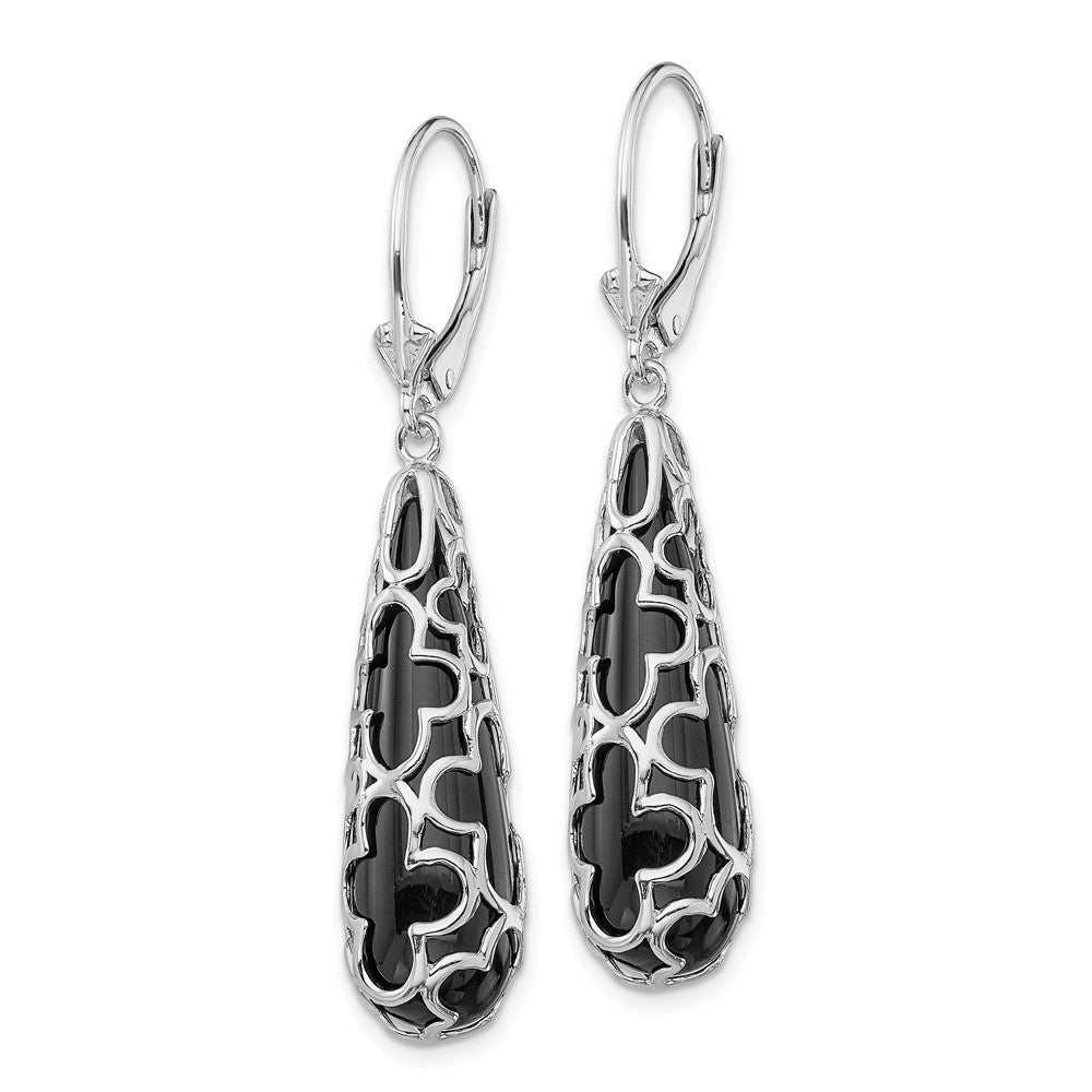 Sterling Silver RH-pltd Polished Onyx Tear Leverback Dangle Earrings