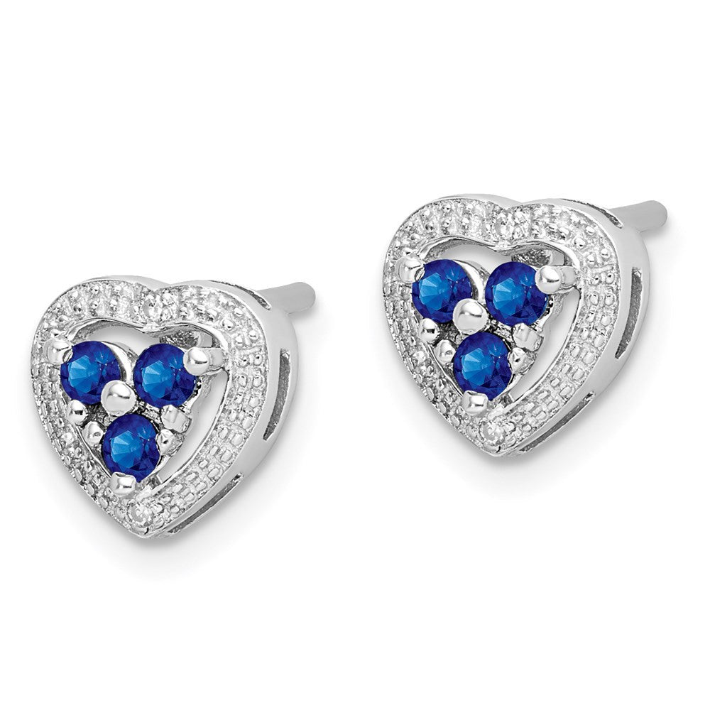 Sterling Silver Rhodium Plated Diamond & Sapphire Heart Button Stud Earrings