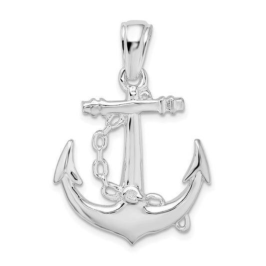 Sterling Silver Rhodium-Plated Polished 3D Anchor with Chain Pendant