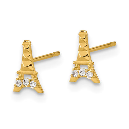 14k Yellow Gold Kids CZ Eiffel Tower Button Stud Earrings