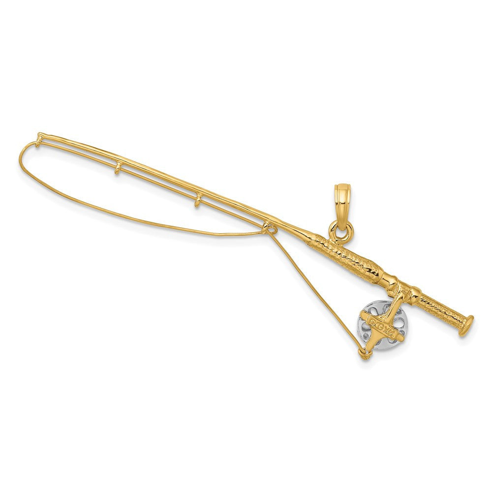 14k Yellow Gold Rhodium 3-D Fly Rod Fishing Pole Charm Pendant
