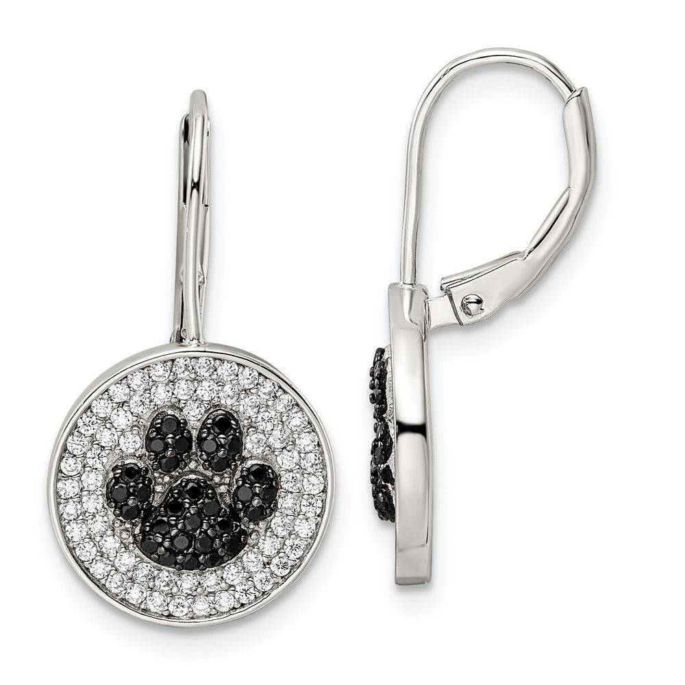 Sterling Silver Rhodium-plated Polished CZ Paw Print Leverback Dangle Earrings
