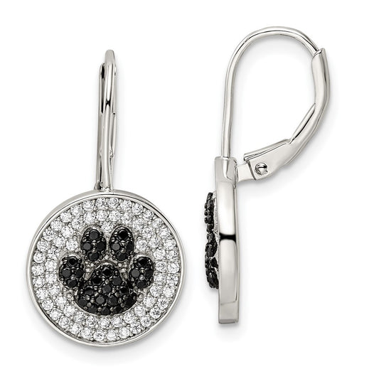 Sterling Silver Rhodium-plated Polished CZ Paw Print Leverback Dangle Earrings