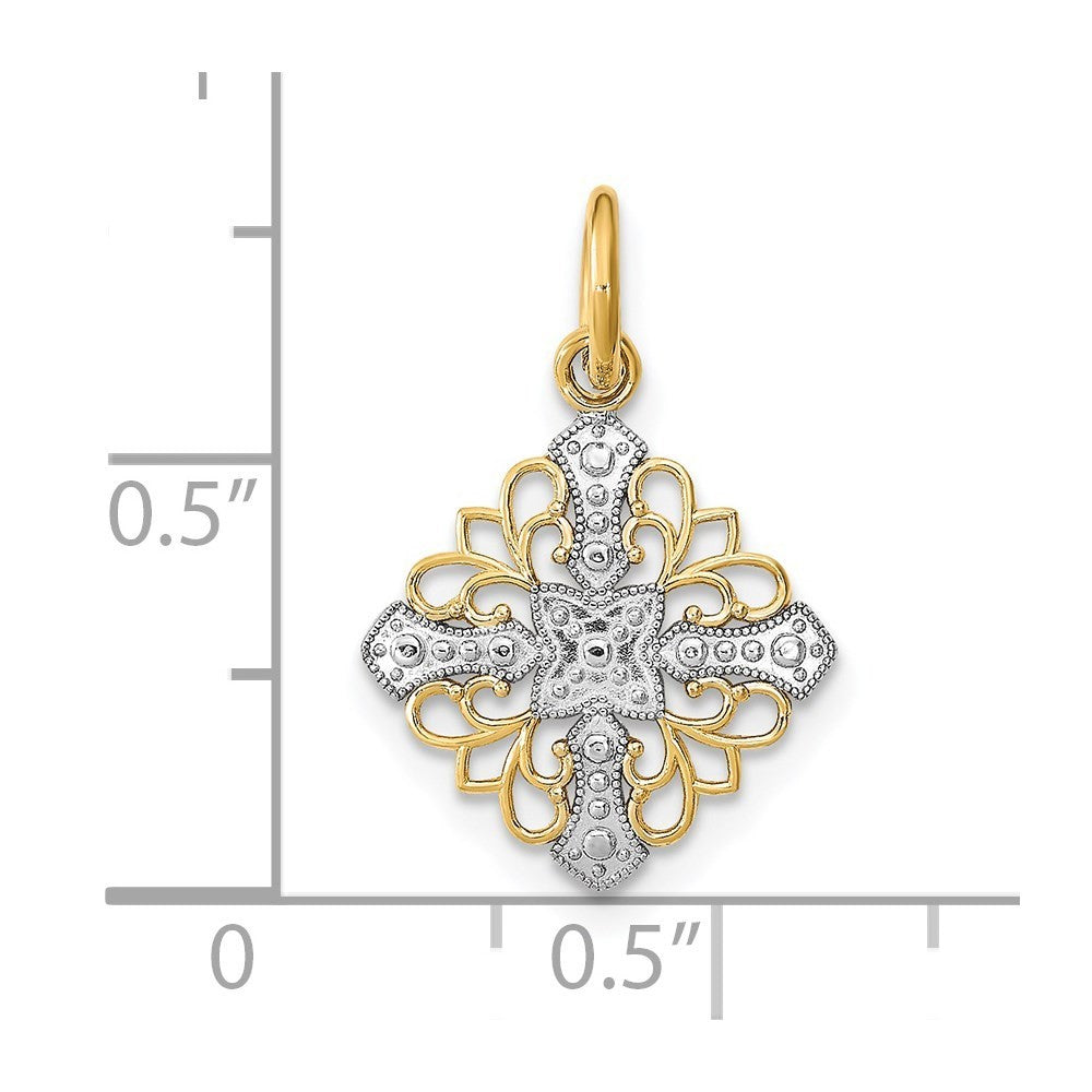 14k Yellow Gold Rhodium and Diamond-Cut Filigree Medallion Charm Pendant