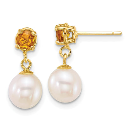 14k Yellow Gold 7-8mm Freshwater Cultured Pearl & Citrine Dangle Earrings