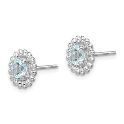Sterling Silver Rhod-plat Aquamarine Button Stud Earrings
