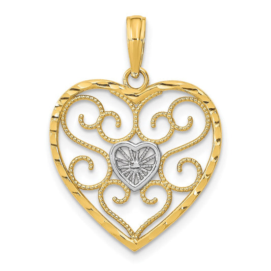14k Yellow Gold Rhodium Filigree Beaded Heart Charm Pendant
