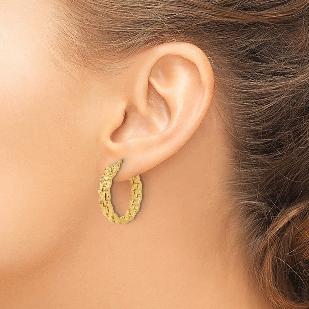 14k Yellow Gold Polished and Textured Hoop Earrings