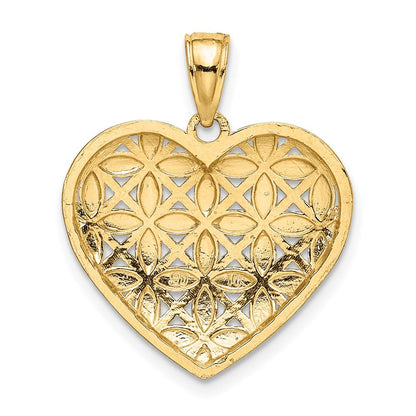 14k Yellow Gold Rhodium Diamond-cut Leaves In Heart Charm Pendant