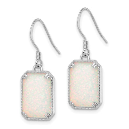 Sterling Silver RH-plated White Created Opal Beaded Border Dangle Earrings