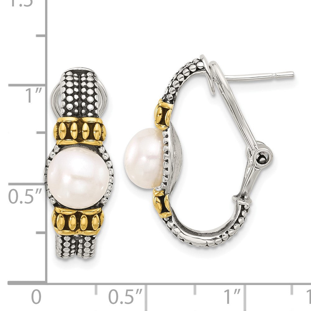 Sterling Silver Gold-tone Antiqued Synthetic Pearl Omega Back Dangle Earrings