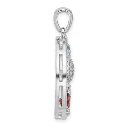 Sterling Silver Rhodium-plated Polished Rainbow Gemstone Sea Turtle Pendant