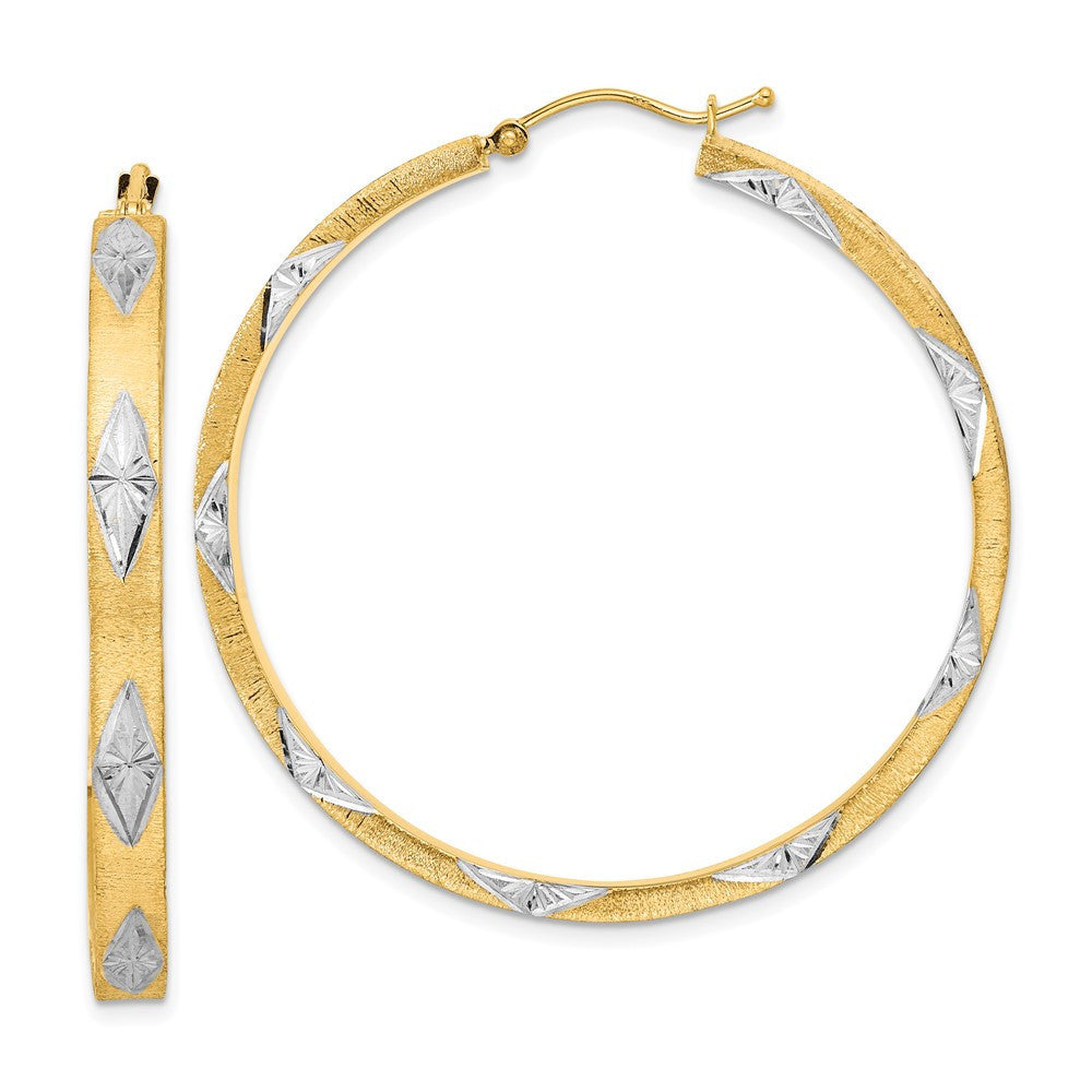 14k Yellow Gold White Rhodium Polished Satin Diamond-cut Fancy Hoop Earrings