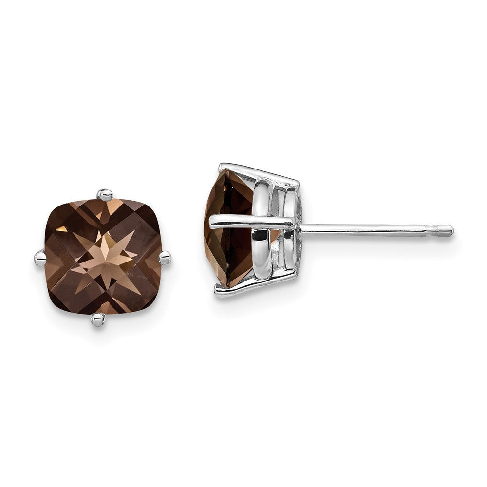 14K White 7mm Cushion Smoky Quartz Earring