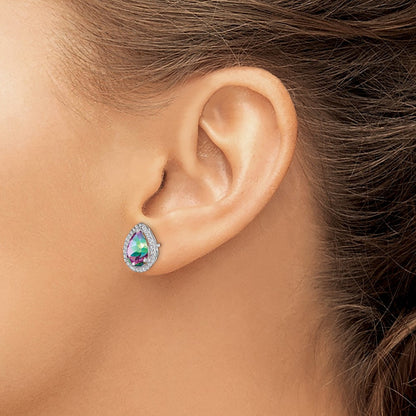 Sterling Silver Rhodium Polished Mystic Topaz & CZ Button Stud Earrings