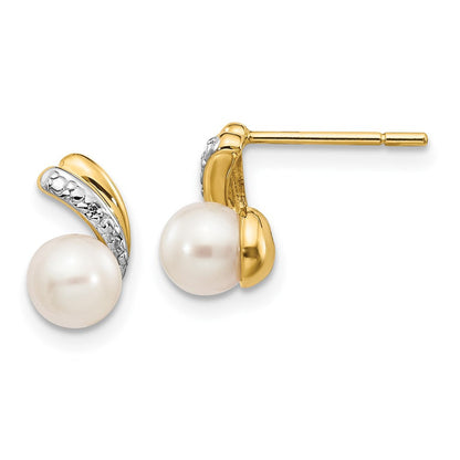 14k Yellow Gold 5-6mm White Round FWC Pearl .01ct Diamond Stud Earrings