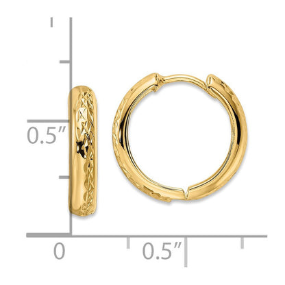 14k Yellow Gold Polished Textured 3x15mm Hinged Hoop Earrings