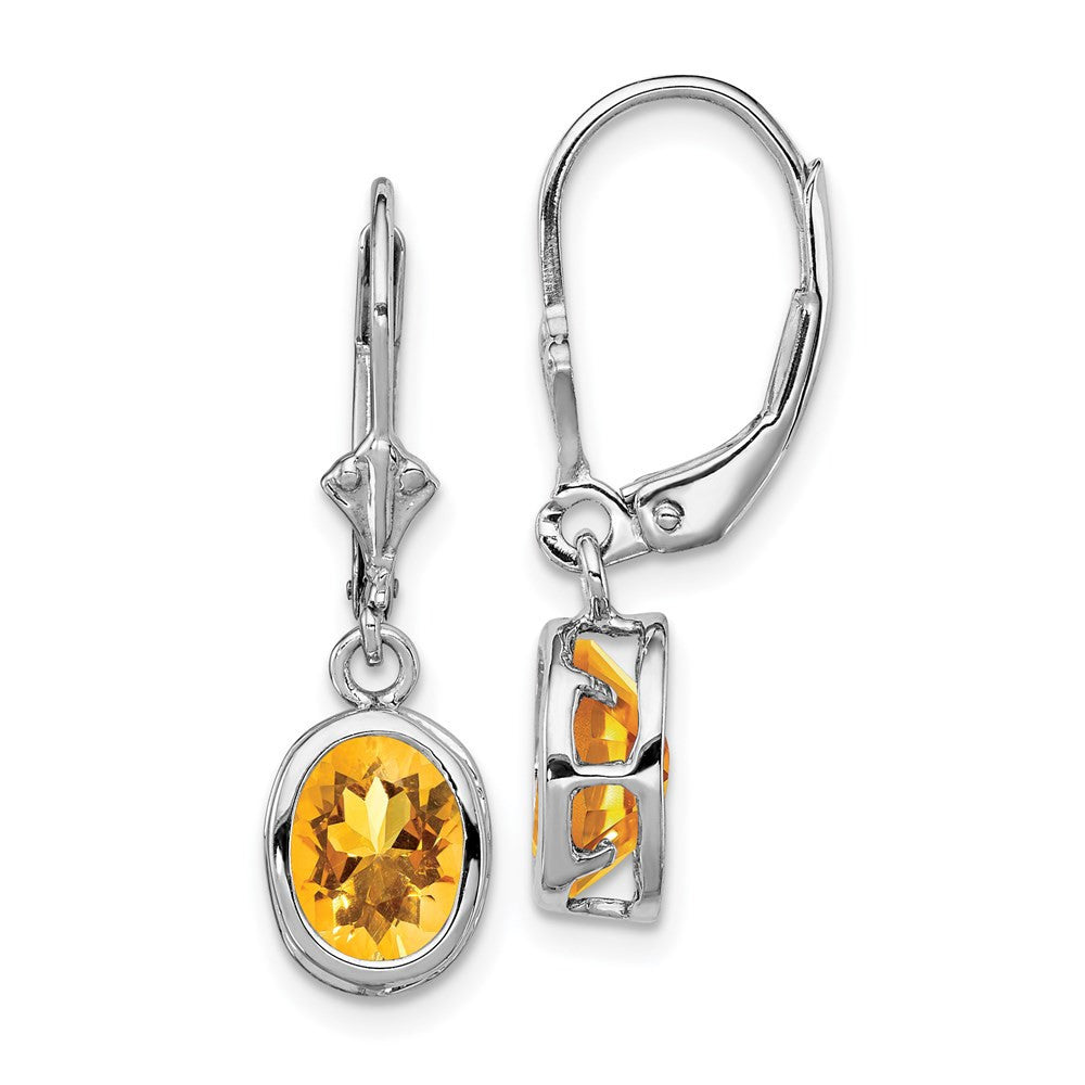 Sterling Silver Rhodium Plated 8x6mm Oval Citrine Leverback Dangle Earrings