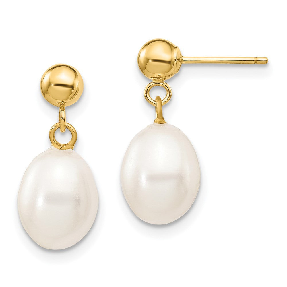 14k Yellow Gold 7-8mm White Rice Freshwater Cultured Pearl Dangle Earrings