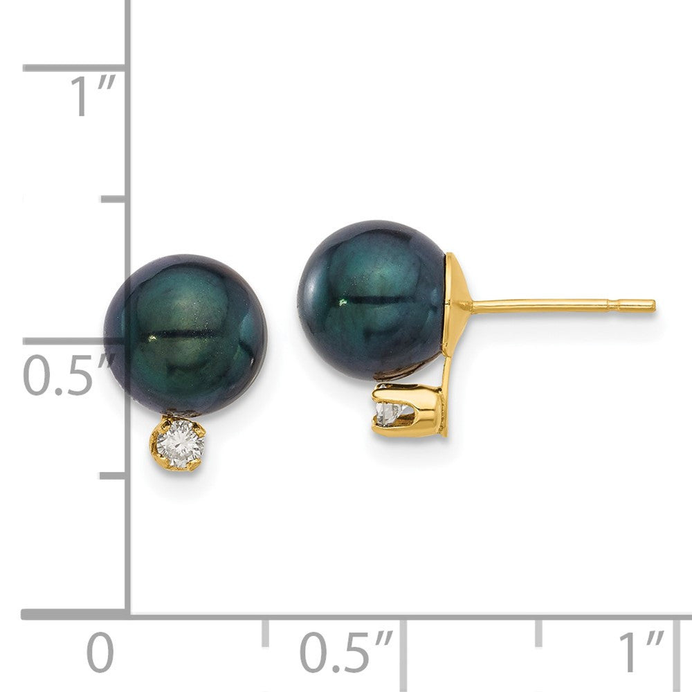 14k Yellow Gold 8mm Black Akoya Saltwater Cultured Pearl & Diamond Stud Earrings
