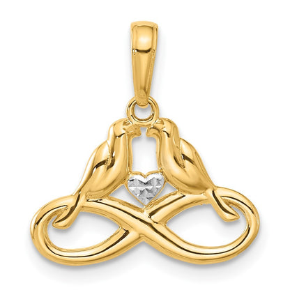 14k Yellow Gold and White Rhodium Diamond-Cut Infinity Love Birds Pendant