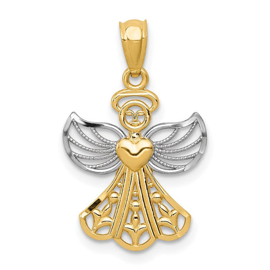 14k Yellow Gold Rhodium Filigree Angel Pendant