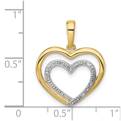 14k Yellow Gold .01ct. Diamond and Rhodium Double Heart Pendant