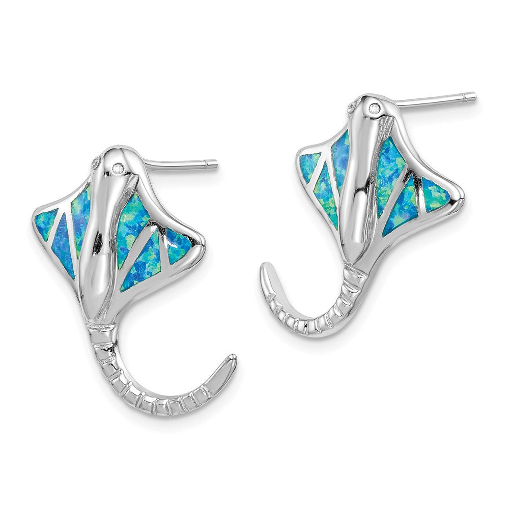 Sterling Silver Rhodium-plated Created Blue Opal Stingray Dangle Earrings